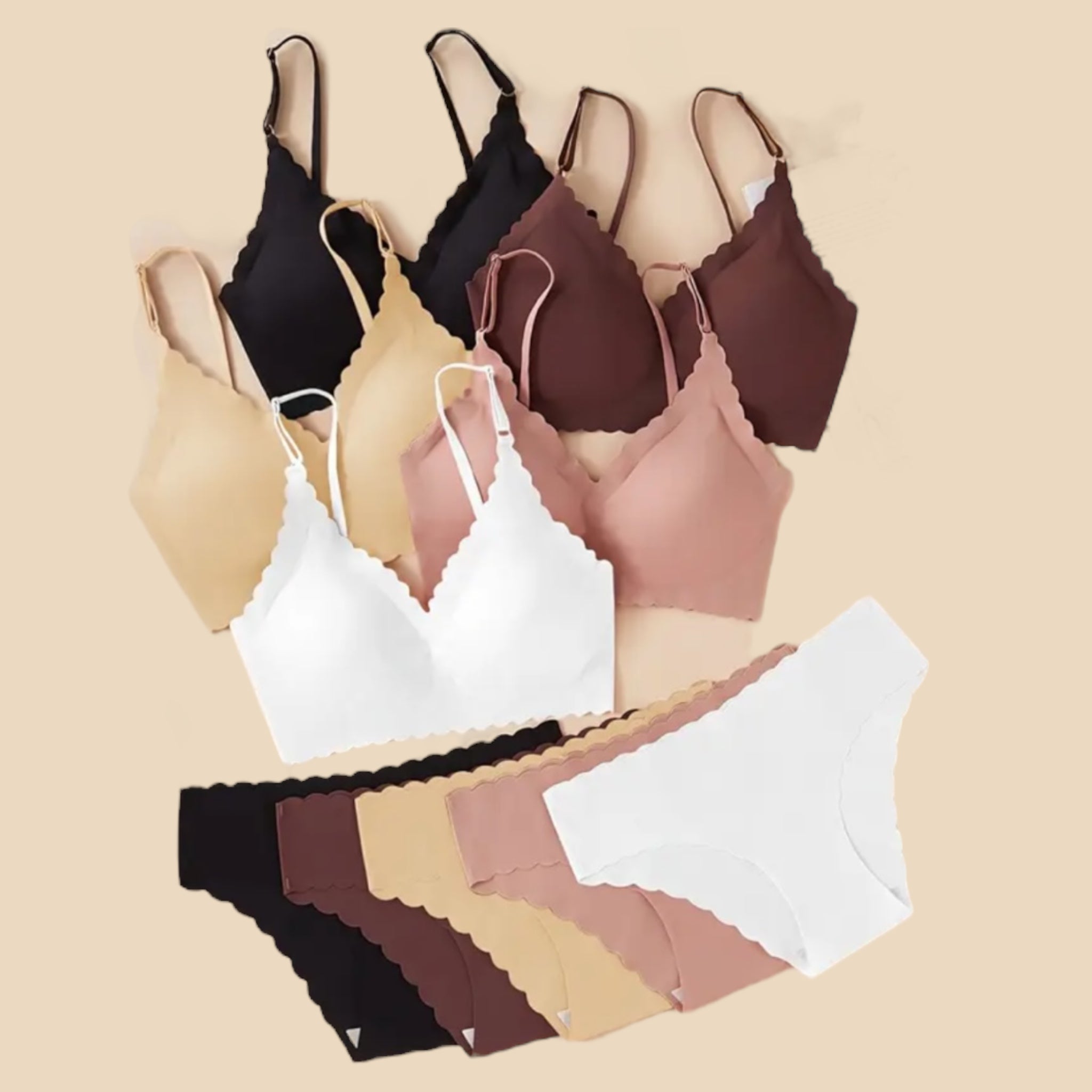 10pcs Women's Seamless Scalloped Bra and Panty Set, Sexy, Comfortable, Removable Pads, Set, Strapless Bra Set, Comfortable Fit