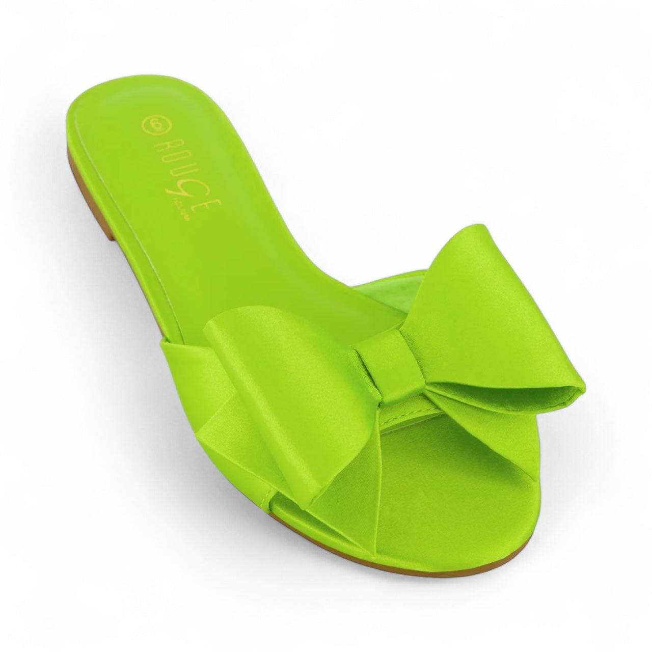 Lime green satin bow slide sandal, lightweight