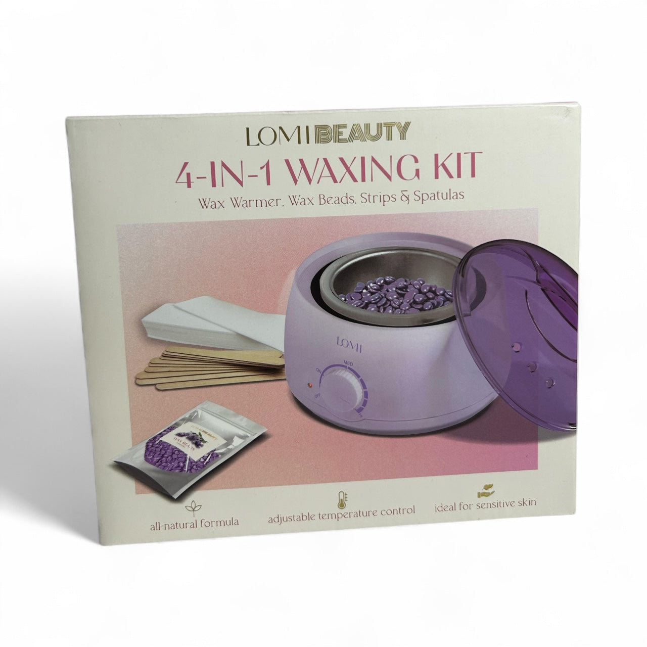 Lomi Beauty 4-in-1 Waxing Kit, wax beads, wooden spatula, wax strips, warmer
