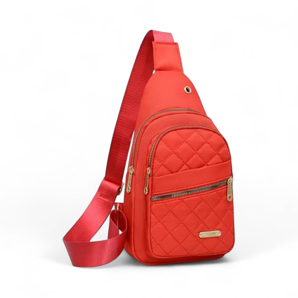 Quilted sling bag with gold zippers, black, pink, blue,red