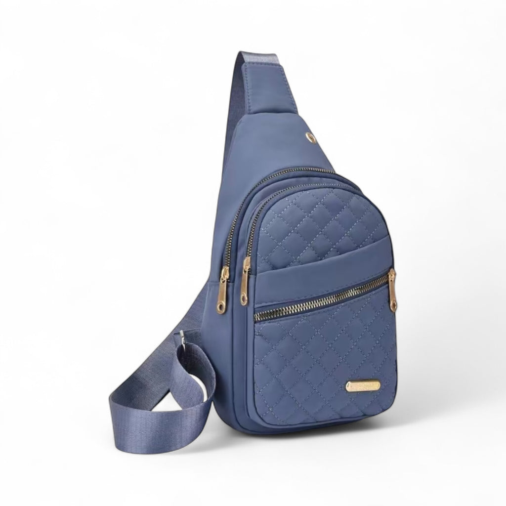 Quilted sling bag with gold zippers, black, pink, blue,red