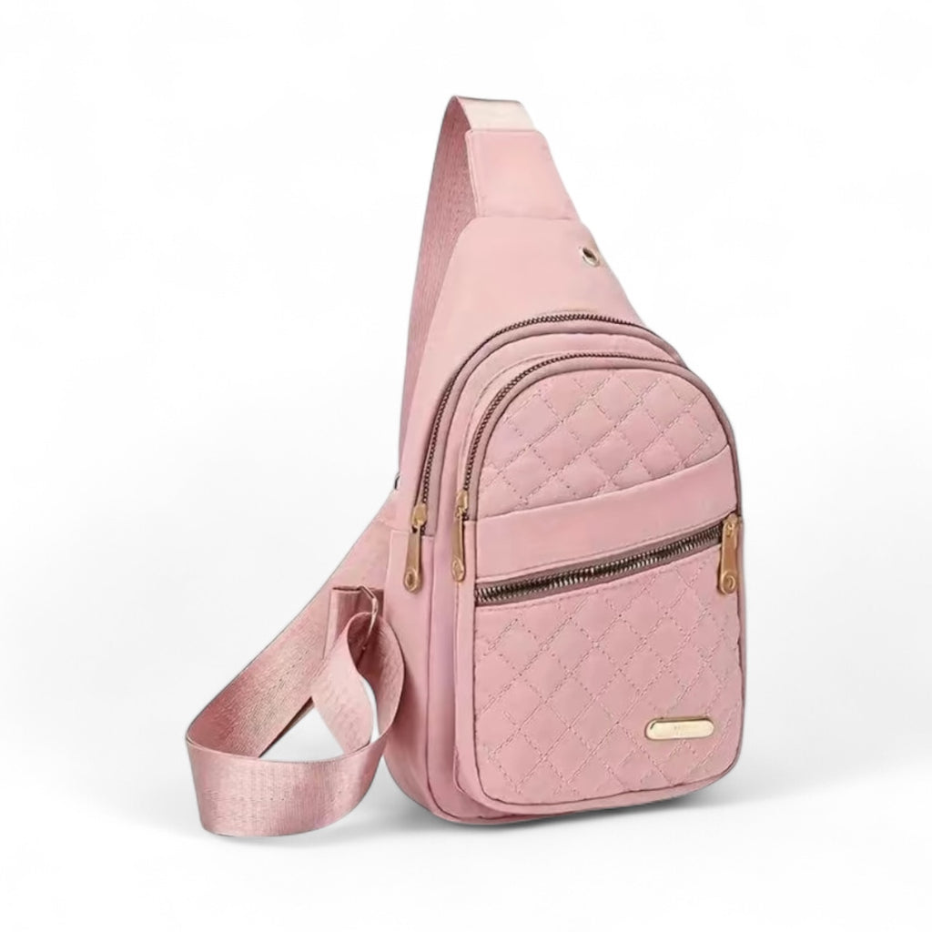 Quilted sling bag with gold zippers, black, pink, blue,red