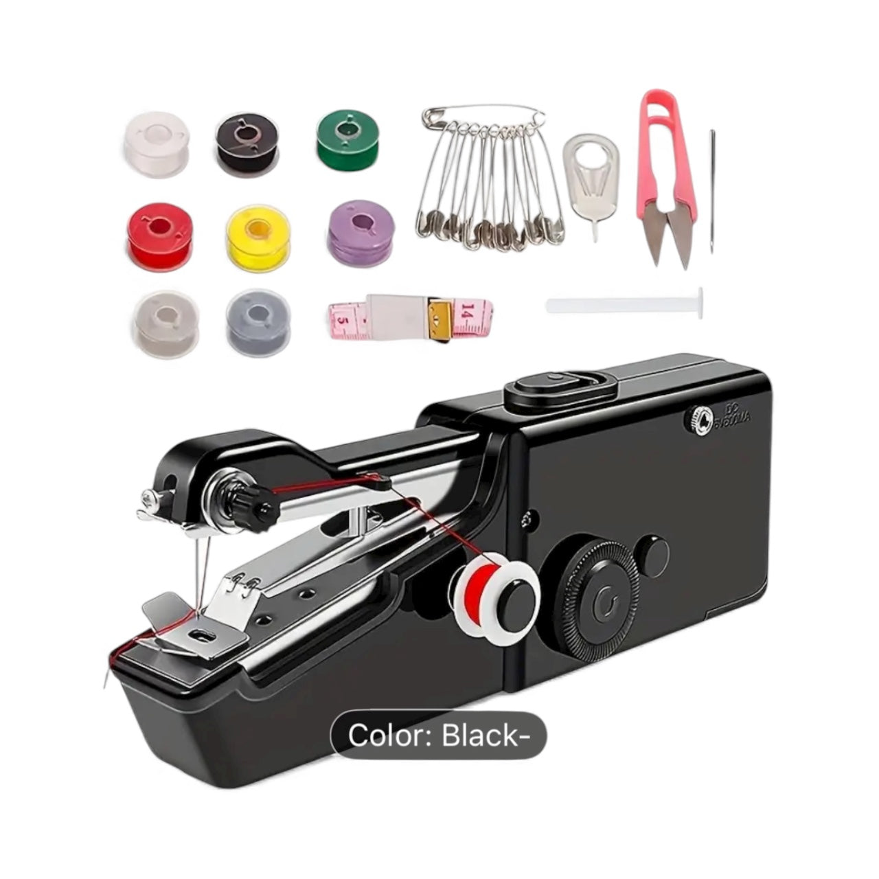 Black handheld sewing machine with accessories