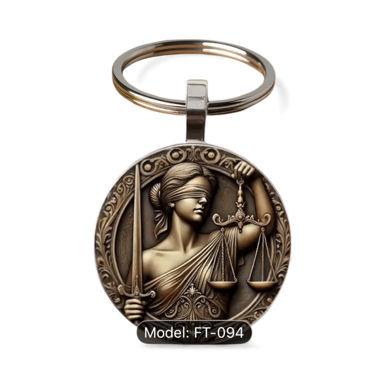 Bronze lawyer keychain with a figure holding scales and a sword for gifts and souvenirs