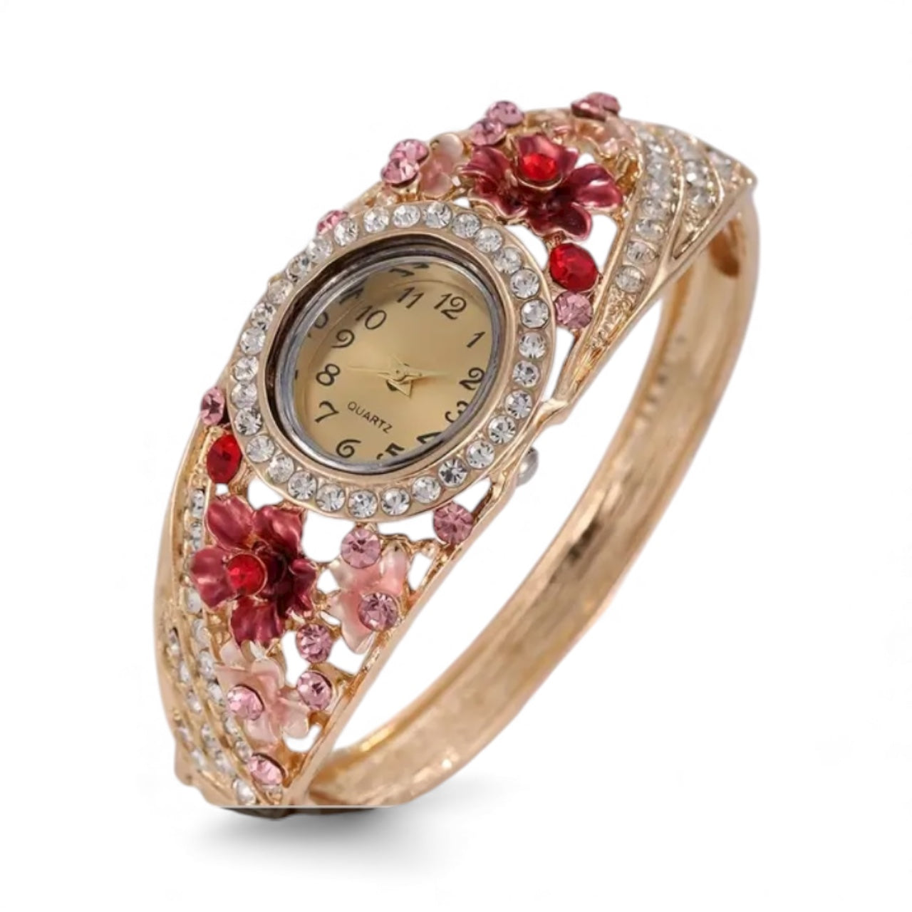 Decorative wristwatch with floral design and gemstones.