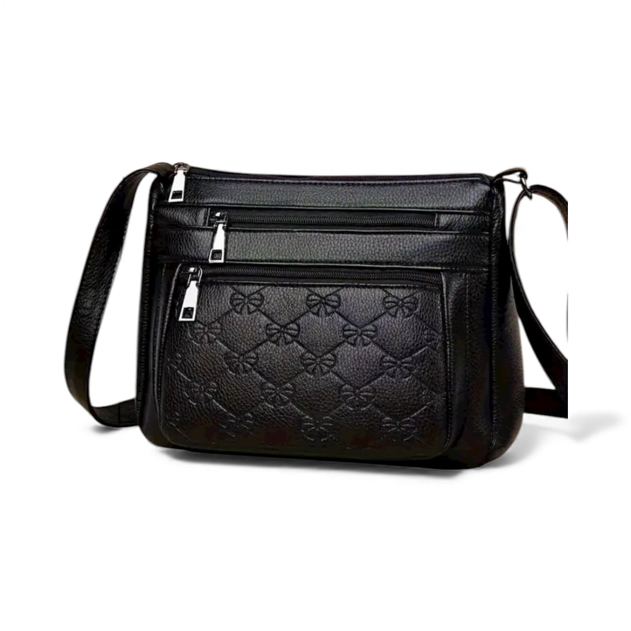 Black quilted handbag with bow pattern