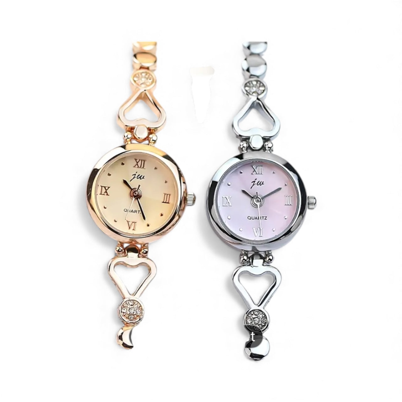 Two heart-shaped bracelet watches in gold and silver