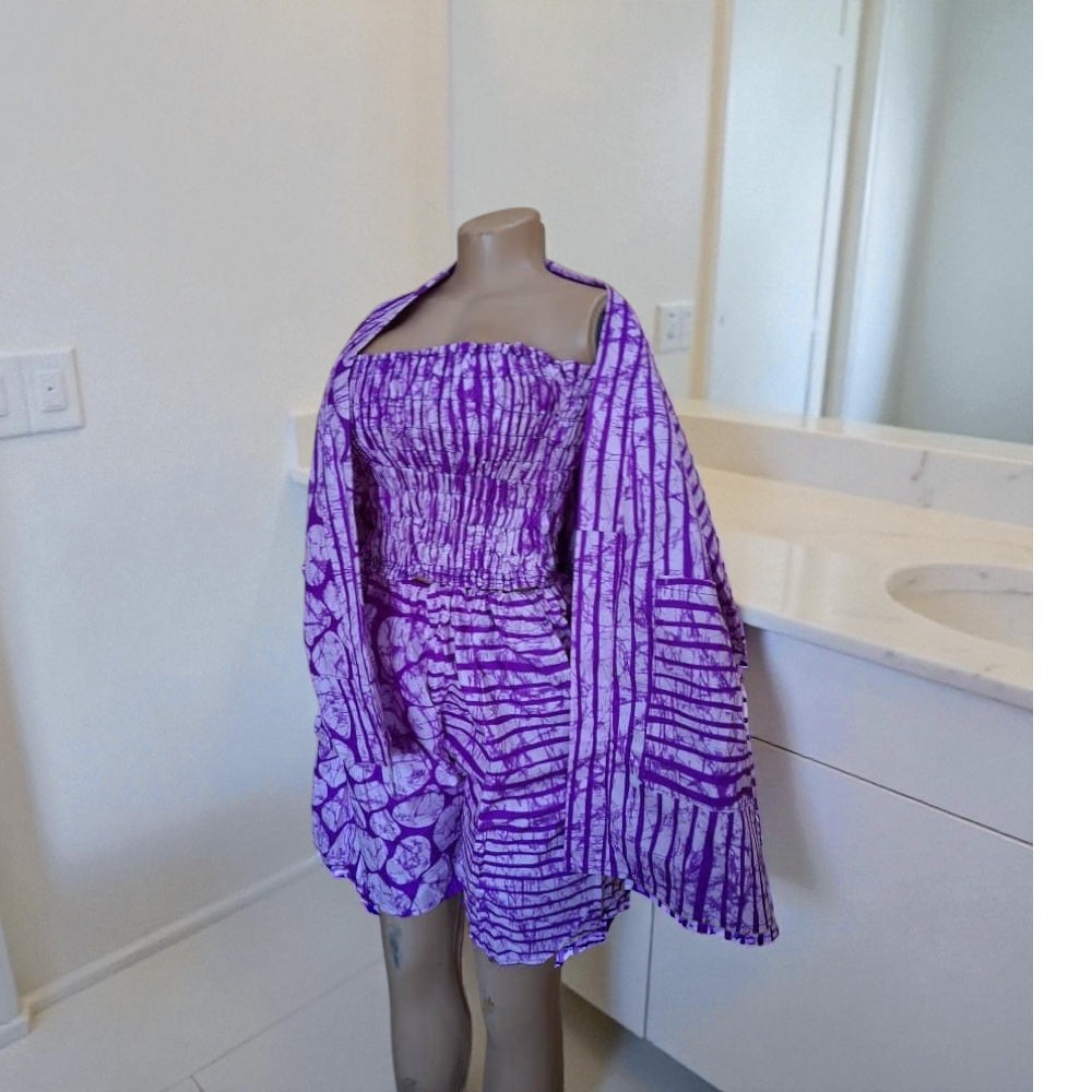 Alicso Purple tie-dye elastic top, shorts and scarf