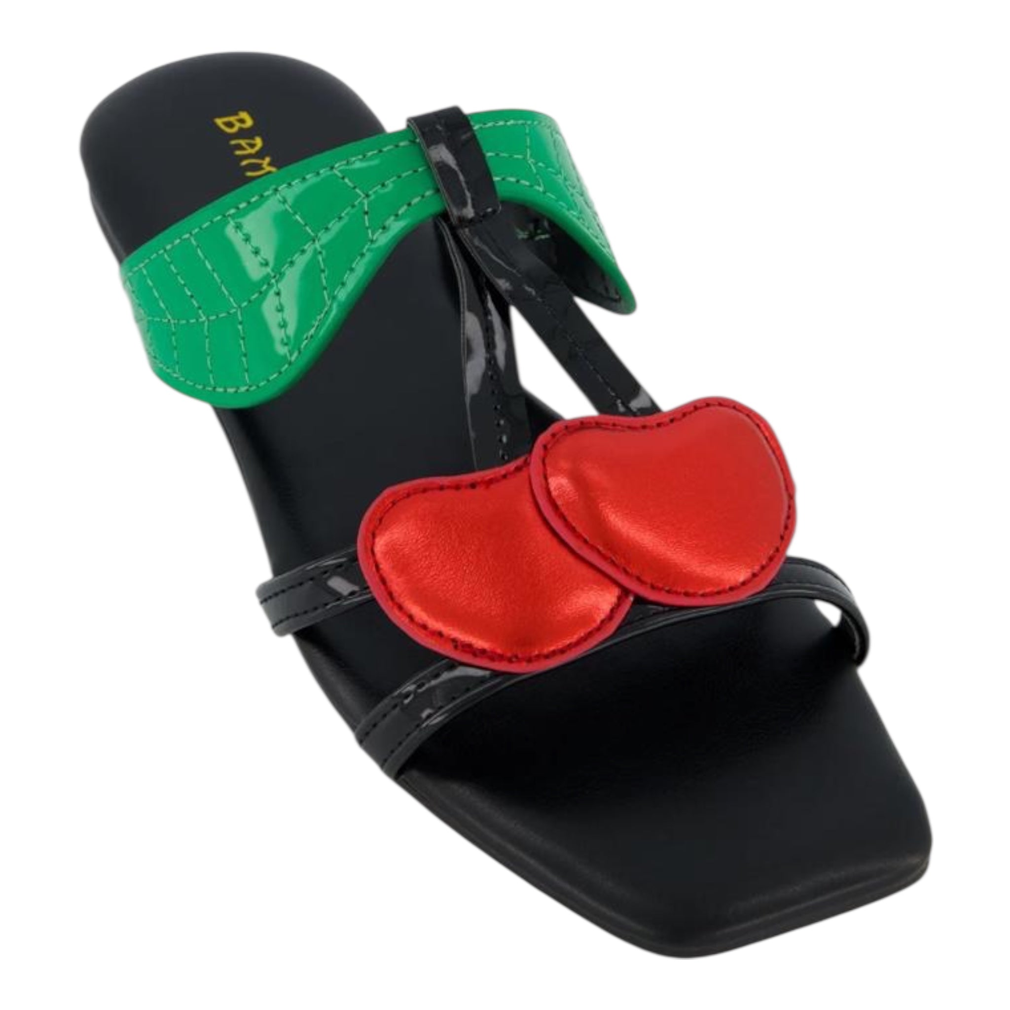 red cherry details and green strap sandles