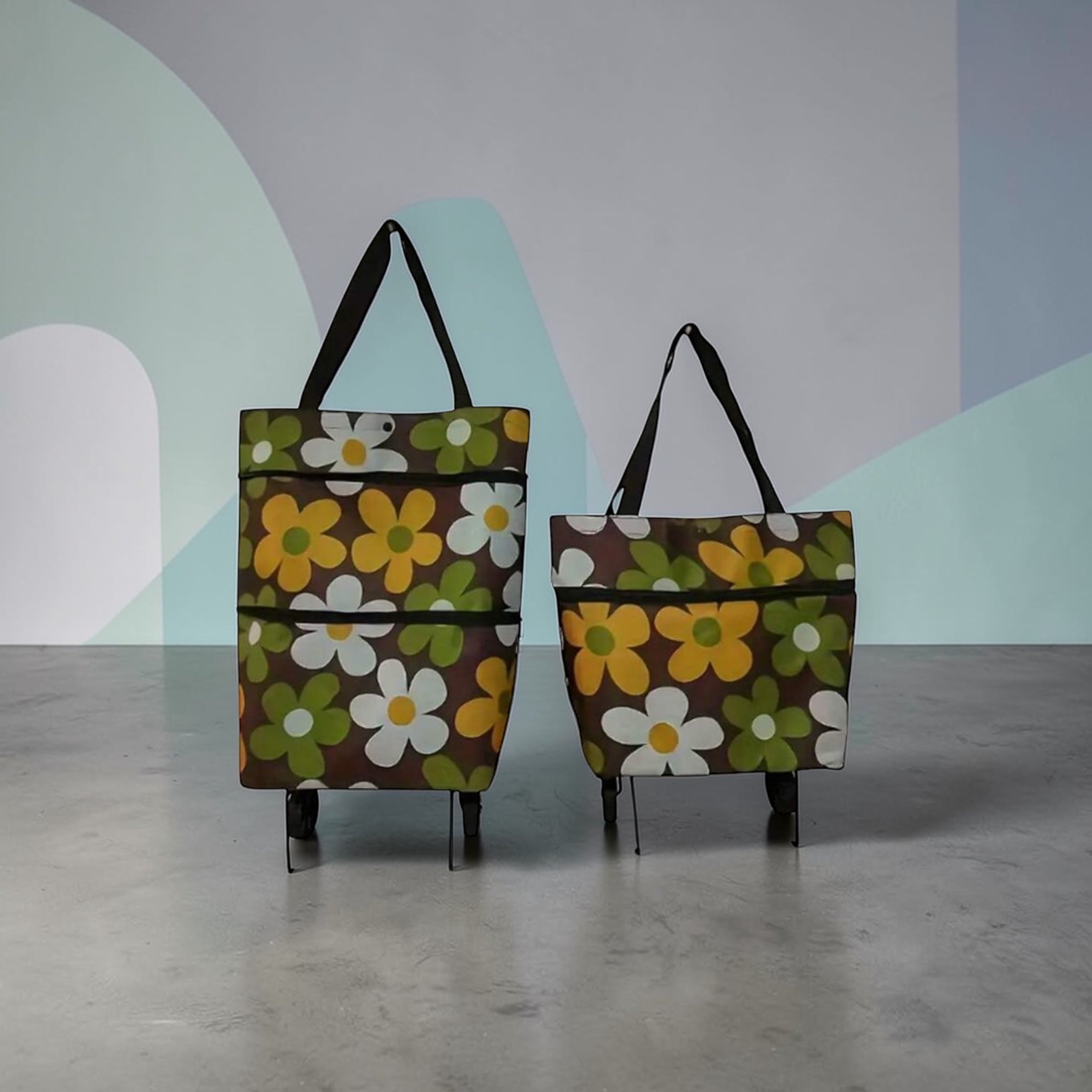 Yellow and Green floral-patterned bags with wheels