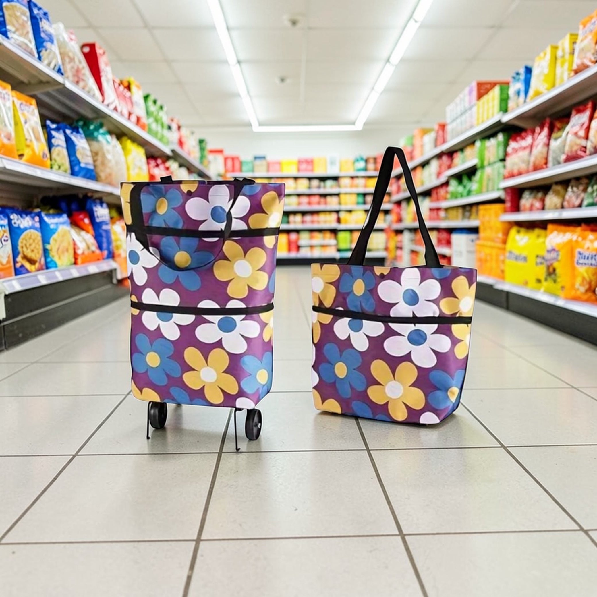 Yellow and blue floral-patterned Shopping bags with wheels