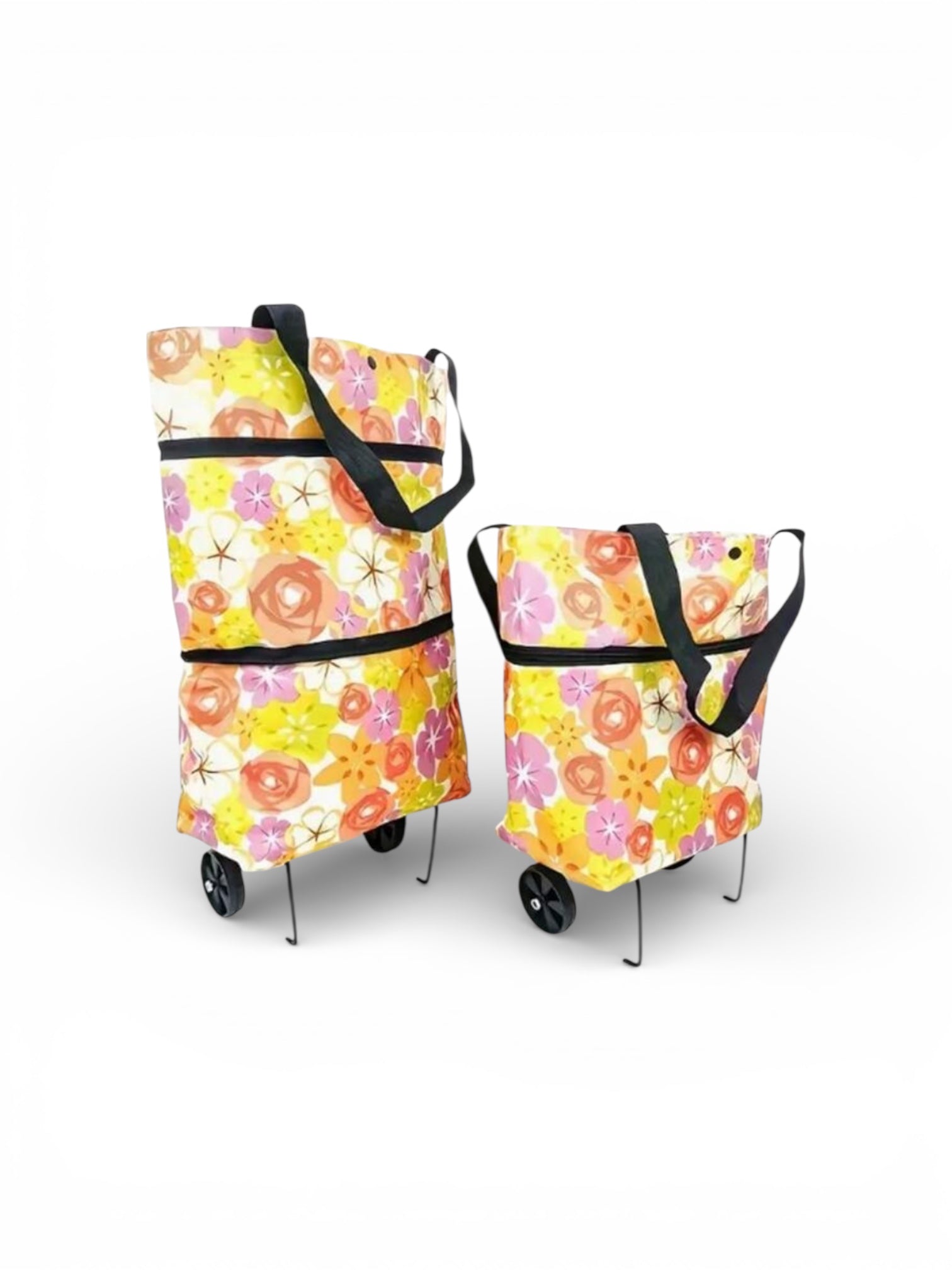 Yellow and orange floral-patterned bags with wheels