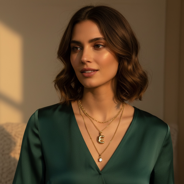 Layered gem necklaces with an 'E'