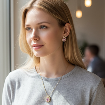 Pink stone gold necklace and earrings set