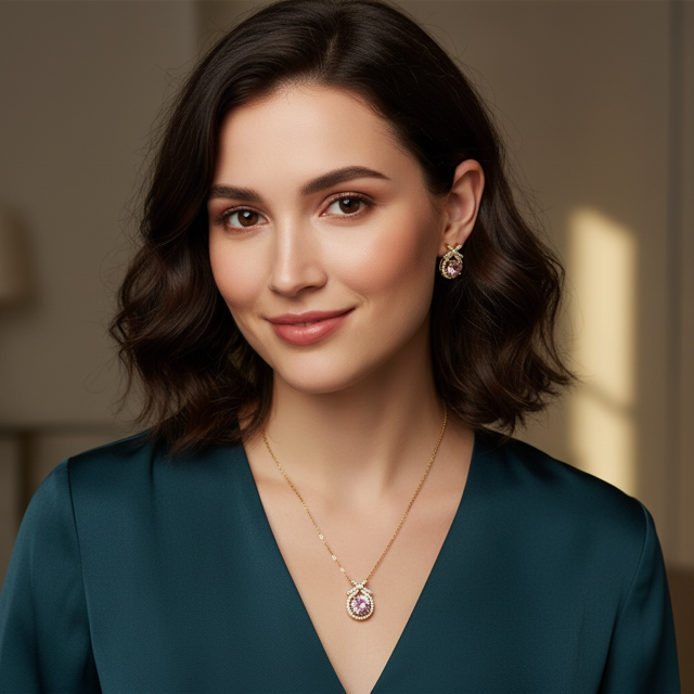 Gold and pink crystal necklace and earrings set