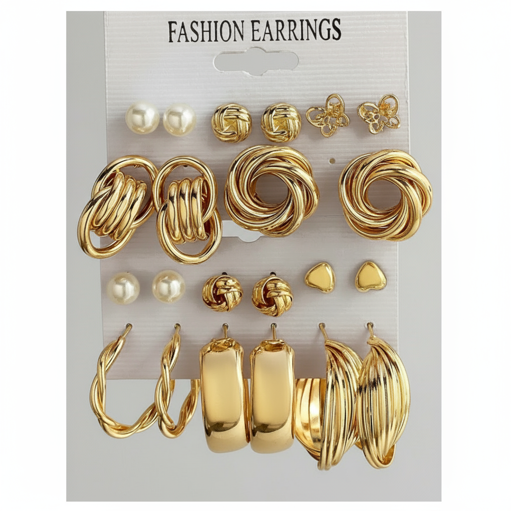 Assorted 22pcs gold earrings, slim, chunky, stud, pearls