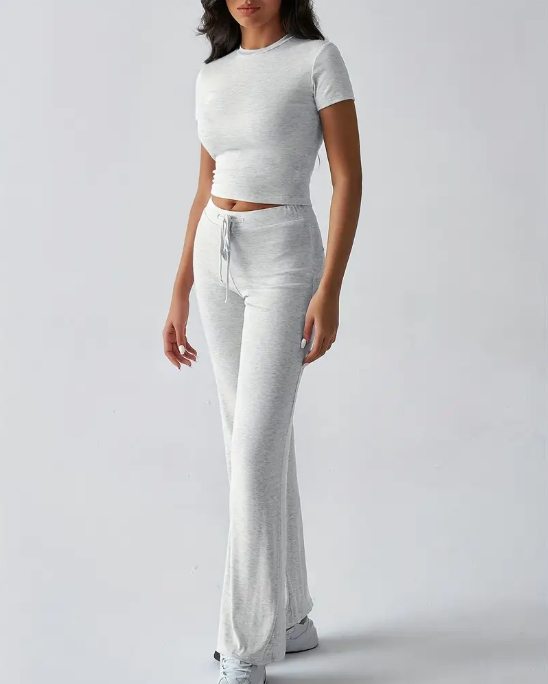 2 pcs Short Sleeve T-Shirt And Long Pants Set, casual, crop top, flared pants