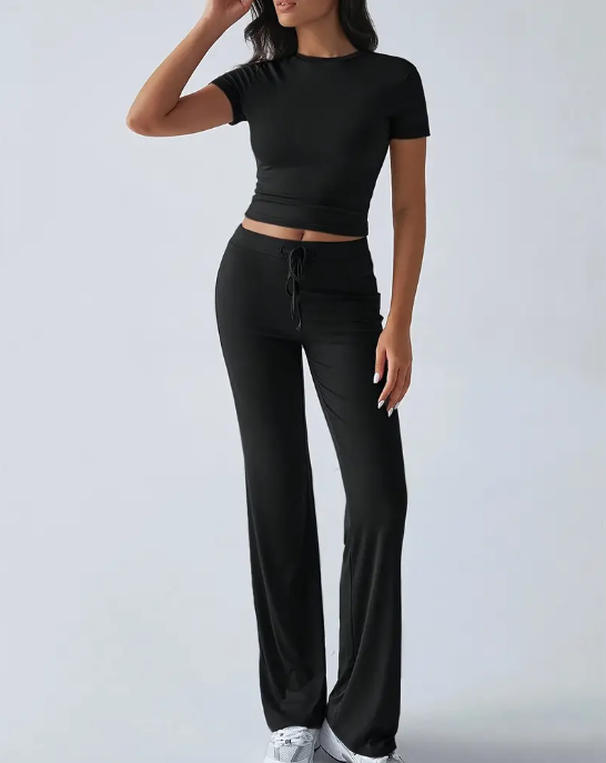 2 pcs Short Sleeve T-Shirt And Long Pants Set, casual, crop top, flared pants