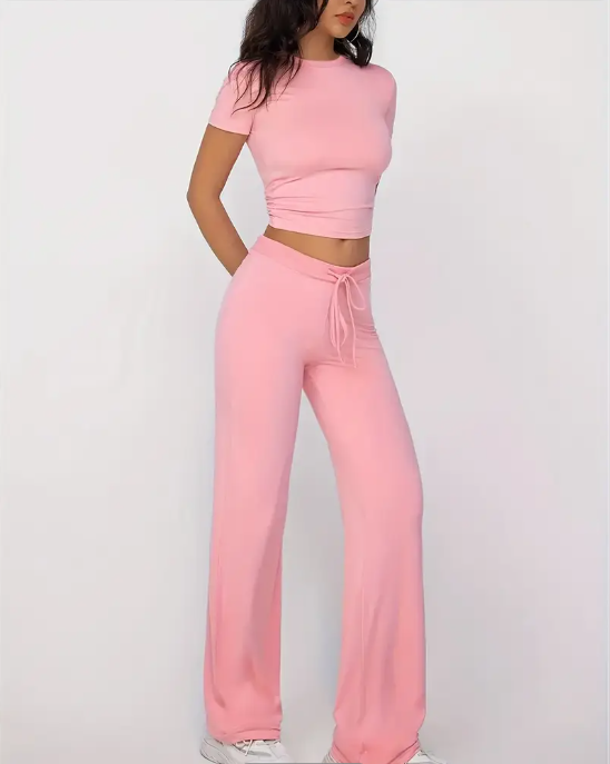 2 pcs Short Sleeve T-Shirt And Long Pants Set, casual, crop top, flared pants