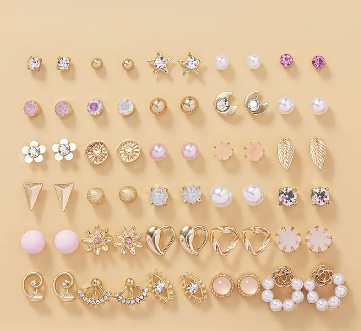 30 pcs gold, rose gold & pink stud fashion earrings, faux pearl