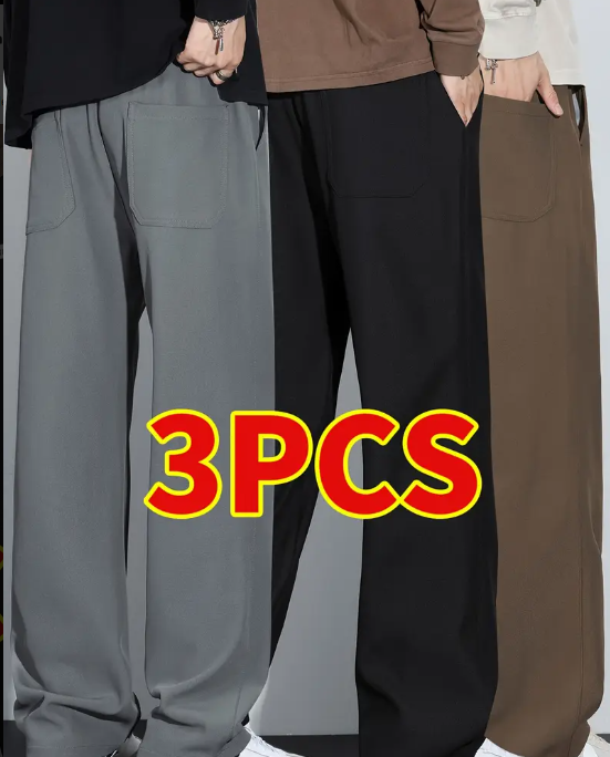Three pairs of wide-leg pants, gray, black, & beige