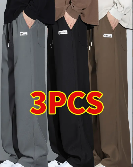 Three pairs of wide-leg pants, gray, black, & beige