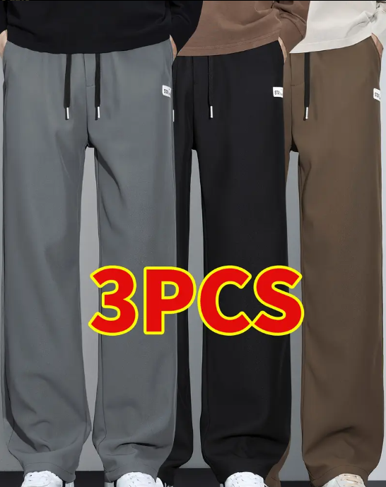 Three pairs of wide-leg pants, gray, black, & beige