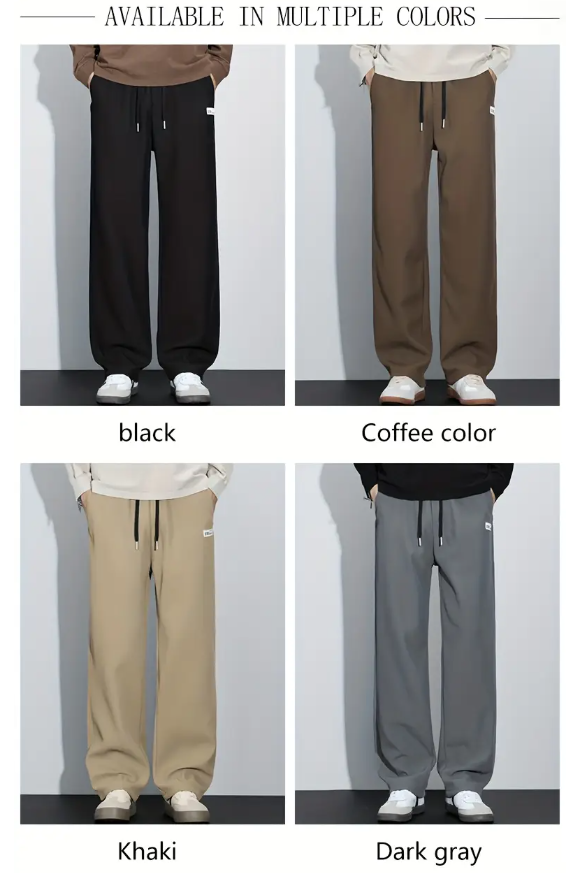 Three pairs of wide-leg pants, gray, black, & beige