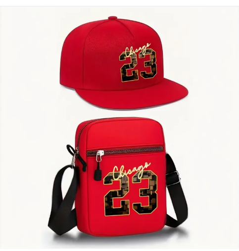Chicago 23 cap and crossbody bag set, red & black.