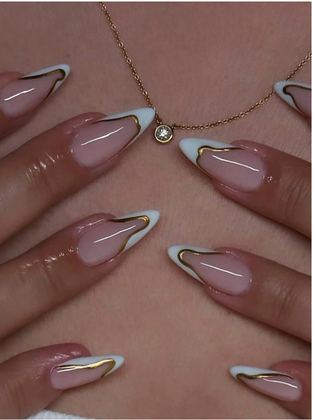 24Pcs Medium Almond Press On Nails With white French Tip& Gold Line Design Glossy Full Cover Fake Nails For Women Girls Daily Wear- Includes Nail File & Jelly Adhesive Nail Supplies Nails