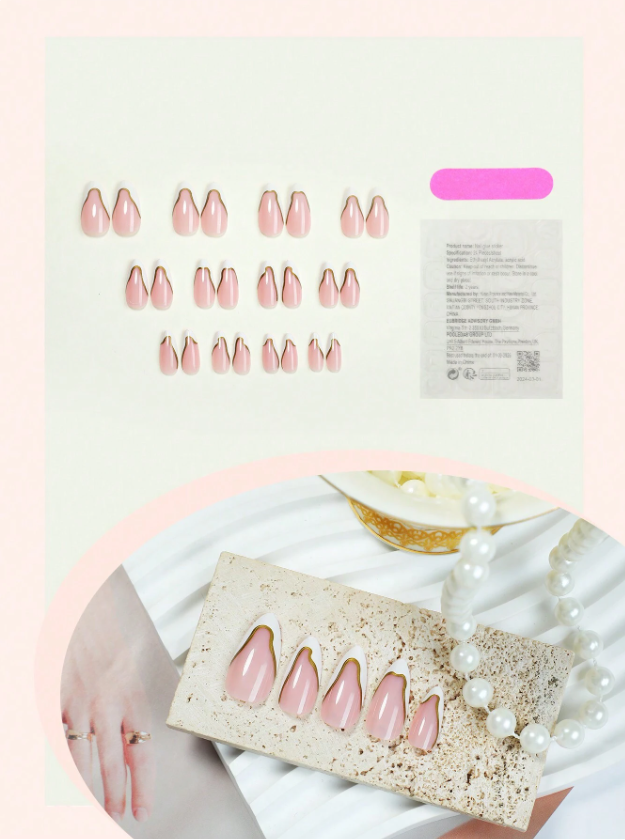 24Pcs Medium Almond Press On Nails With white French Tip& Gold Line Design Glossy Full Cover Fake Nails For Women Girls Daily Wear- Includes Nail File & Jelly Adhesive Nail Supplies Nails