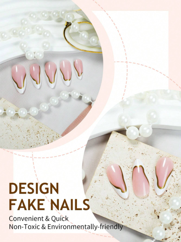 24Pcs Medium Almond Press On Nails With white French Tip& Gold Line Design Glossy Full Cover Fake Nails For Women Girls Daily Wear- Includes Nail File & Jelly Adhesive Nail Supplies Nails